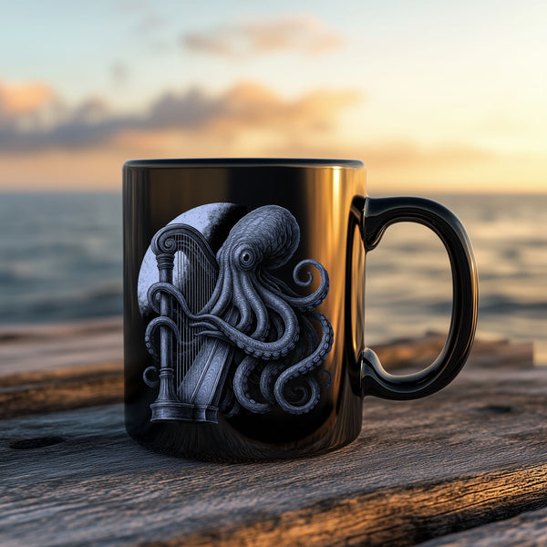 Musical Octopus Coffee Mug – Steampunk Nautical Black Mug