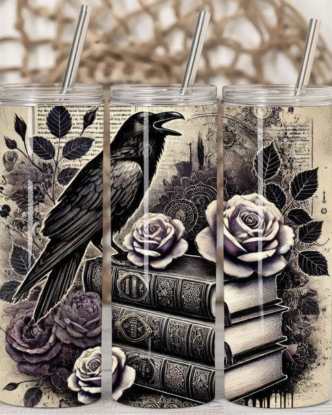 Gothic Raven's Whisper 20oz Stainless Steel Tumbler - Dark Floral Elegance