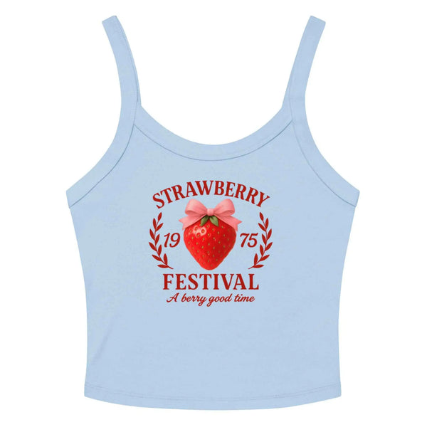 Strawberry Festival Tank Top – Retro Graphic Cropped Tee Solid Baby Blue Blend