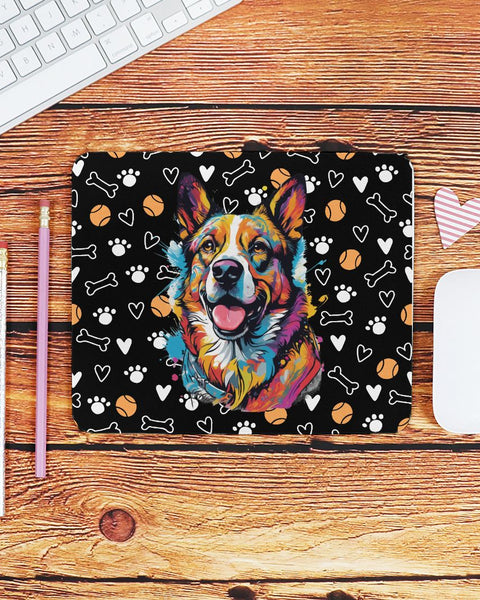 Black mousepad with vibrant happy dog illustration, surrounded by bones, paw prints, and hearts. Perfect for dog lovers with a playful style.