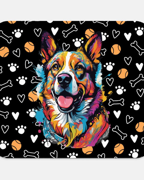 Black mousepad with vibrant happy dog illustration, surrounded by bones, paw prints, and hearts. Perfect for dog lovers with a playful style.