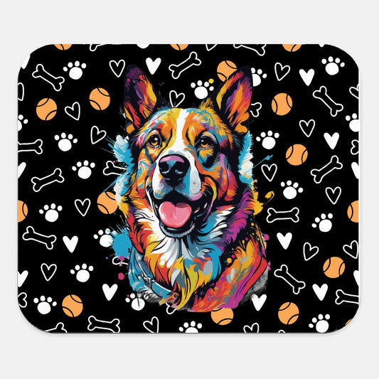 Black mousepad with vibrant happy dog illustration, surrounded by bones, paw prints, and hearts. Perfect for dog lovers with a playful style.