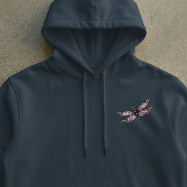 Dark blue hoodie with a small embroidered iridescent dragonfly on the left chest. 