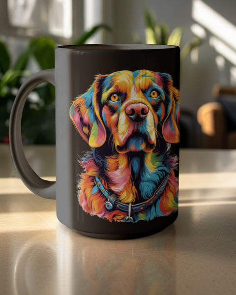 Mug with a colorful abstract painting of a dog's face.