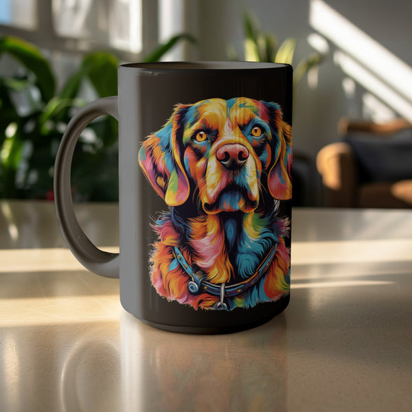 Mug with a colorful abstract painting of a dog's face.