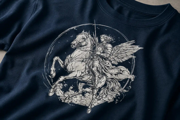 Navy blue t-shirt with a graphic of a winged horse and archer on a dark background 
