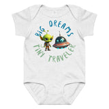 Ash Gray baby onesie with a cute alien and spaceship illustration and the phrase 