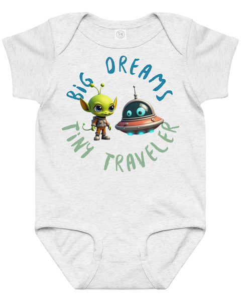 Ash Gray baby onesie with a cute alien and spaceship illustration and the phrase "Big Dreams Tiny Traveler" in playful font