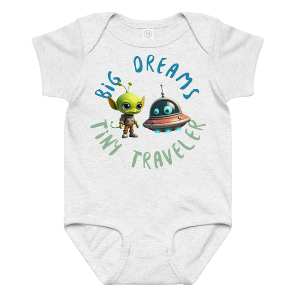 Ash Gray baby onesie with a cute alien and spaceship illustration and the phrase "Big Dreams Tiny Traveler" in playful font