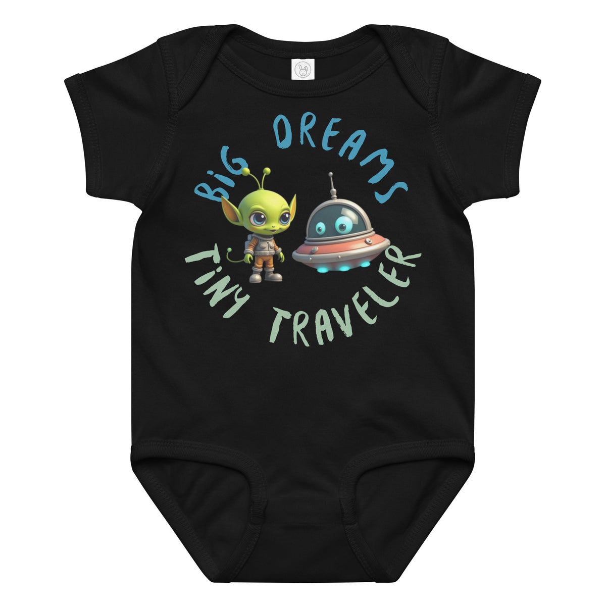 Black baby onesie with a cute alien and spaceship illustration and the phrase "Big Dreams Tiny Traveler" in playful font