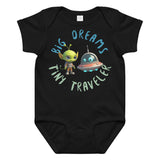 Black baby onesie with a cute alien and spaceship illustration and the phrase 