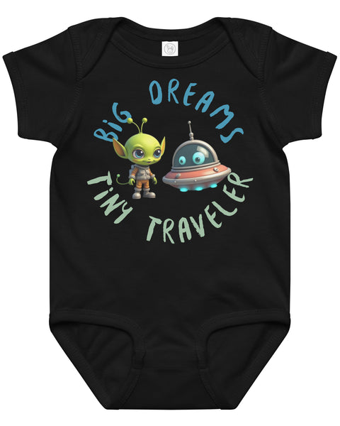 Black baby onesie with a cute alien and spaceship illustration and the phrase "Big Dreams Tiny Traveler" in playful font