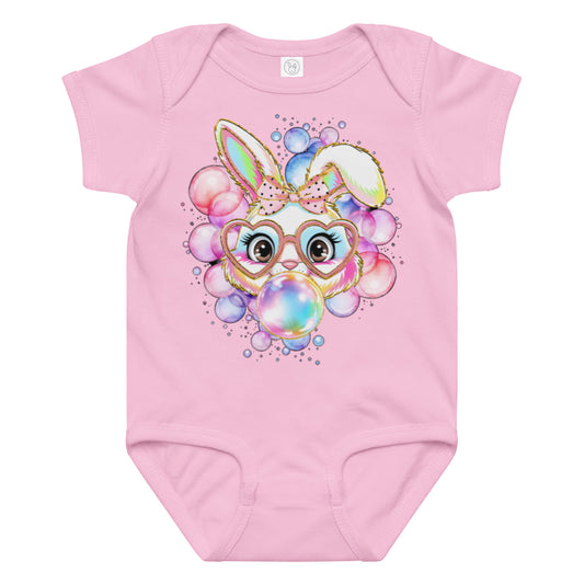 Pink baby onesie with a stylish bunny blowing bubble gum, wearing heart glasses and surrounded by pastel bubbles