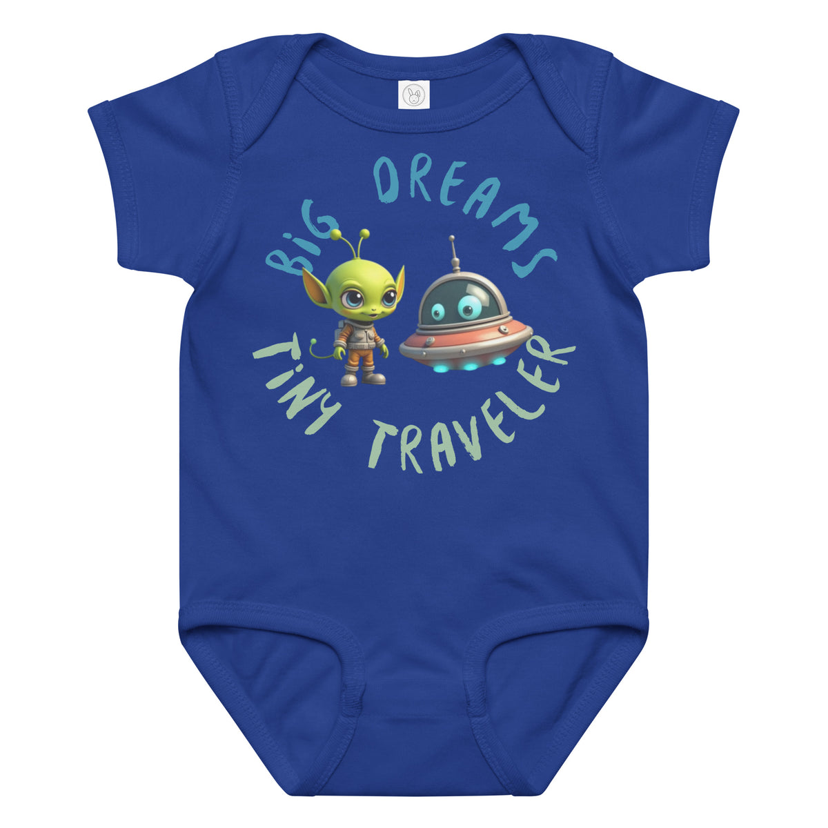 Royal blue baby onesie with a cute alien and spaceship illustration and the phrase "Big Dreams Tiny Traveler" in playful font