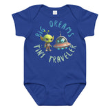 Royal blue baby onesie with a cute alien and spaceship illustration and the phrase 