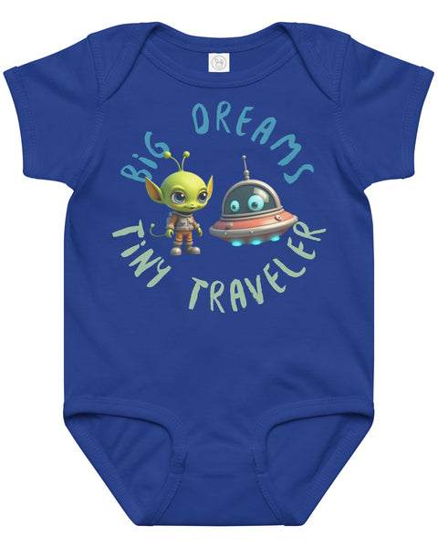 Royal blue baby onesie with a cute alien and spaceship illustration and the phrase "Big Dreams Tiny Traveler" in playful font