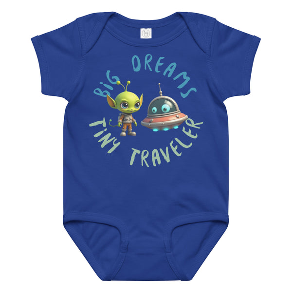 Royal blue baby onesie with a cute alien and spaceship illustration and the phrase "Big Dreams Tiny Traveler" in playful font