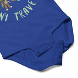Royal blue baby onesie with a cute alien and spaceship illustration snap detail