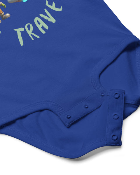 Royal blue baby onesie with a cute alien and spaceship illustration snap detail