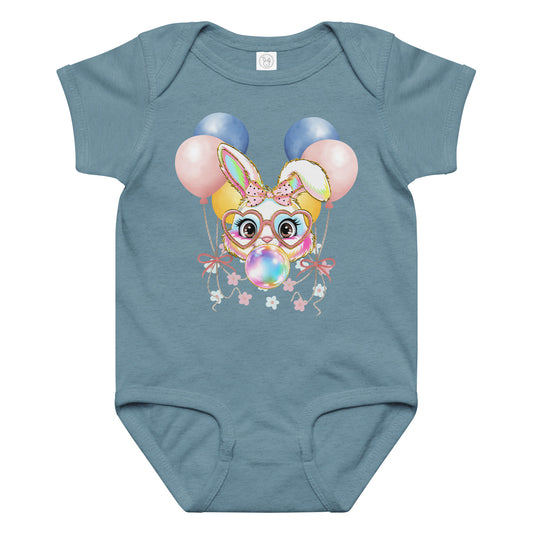 Vintage indigo baby bodysuit with a bunny wearing glasses, blowing bubblegum, surrounded by pastel balloons and floral accents