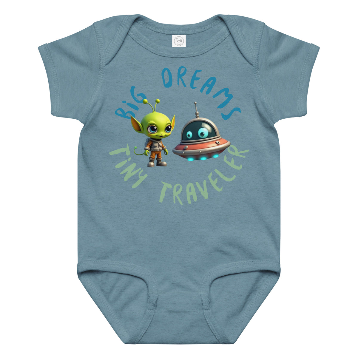 Vintaage Indigo baby onesie with a cute alien and spaceship illustration and the phrase "Big Dreams Tiny Traveler" in playful font