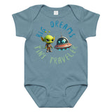 Vintaage Indigo baby onesie with a cute alien and spaceship illustration and the phrase 