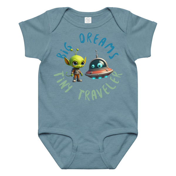 Vintaage Indigo baby onesie with a cute alien and spaceship illustration and the phrase "Big Dreams Tiny Traveler" in playful font
