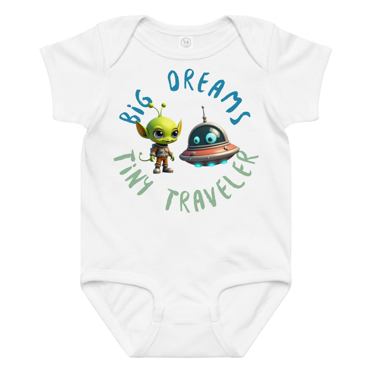 White baby onesie with a cute alien and spaceship illustration and the phrase "Big Dreams Tiny Traveler" in playful font