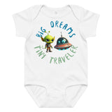 White baby onesie with a cute alien and spaceship illustration and the phrase 
