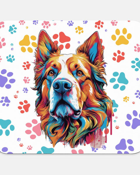 Vibrant mousepad with bold dog portrait and rainbow paw prints. A joyful desk accessory for pet lovers and creative workspaces.