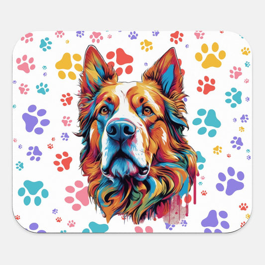 Vibrant mousepad with bold dog portrait and rainbow paw prints. A joyful desk accessory for pet lovers and creative workspaces.
