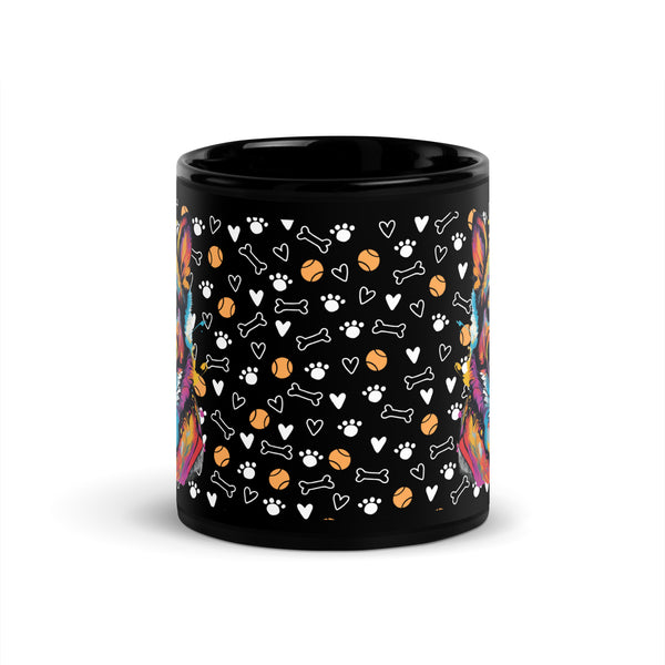 Black ceramic coffee mug featuring pop-art style Corgi and colorful dog-themed pattern. Available in 11 oz and 15 oz.

