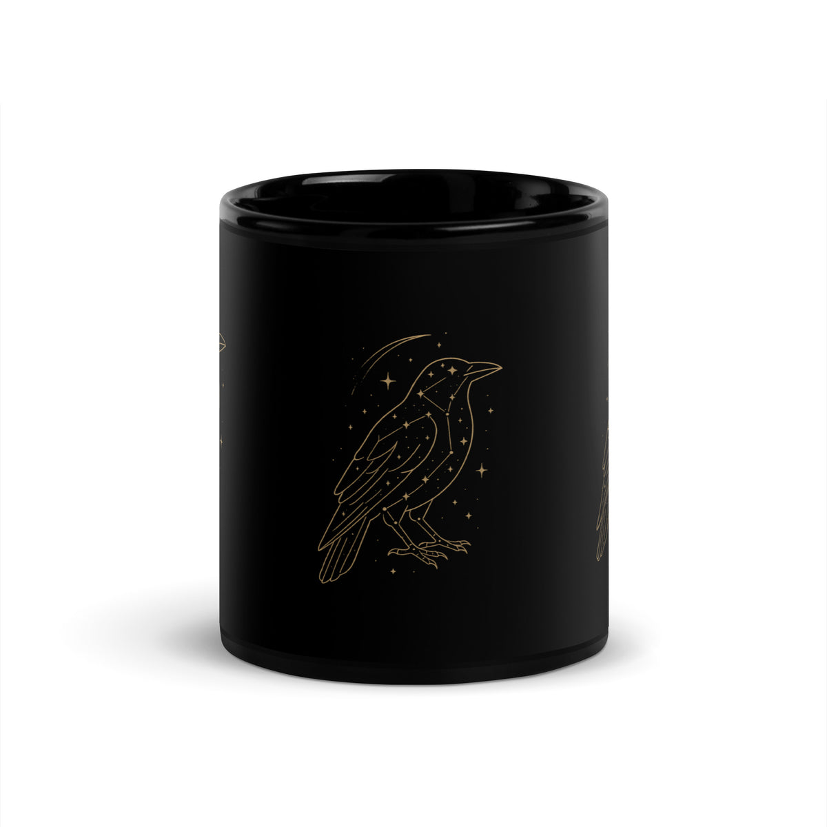 Starlit Crow black ceramic mug with gold constellation crow artwork