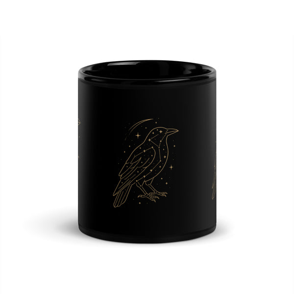 Starlit Crow black ceramic mug with gold constellation crow artwork