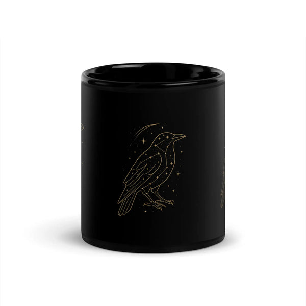 Starlit Crow black ceramic mug with gold constellation crow artwork 