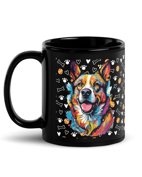 Black ceramic coffee mug featuring pop-art style Corgi and colorful dog-themed pattern. Available in 11 oz and 15 oz.

