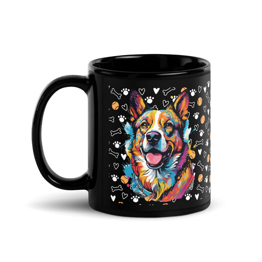 Black ceramic coffee mug featuring pop-art style Corgi and colorful dog-themed pattern. Available in 11 oz and 15 oz.

