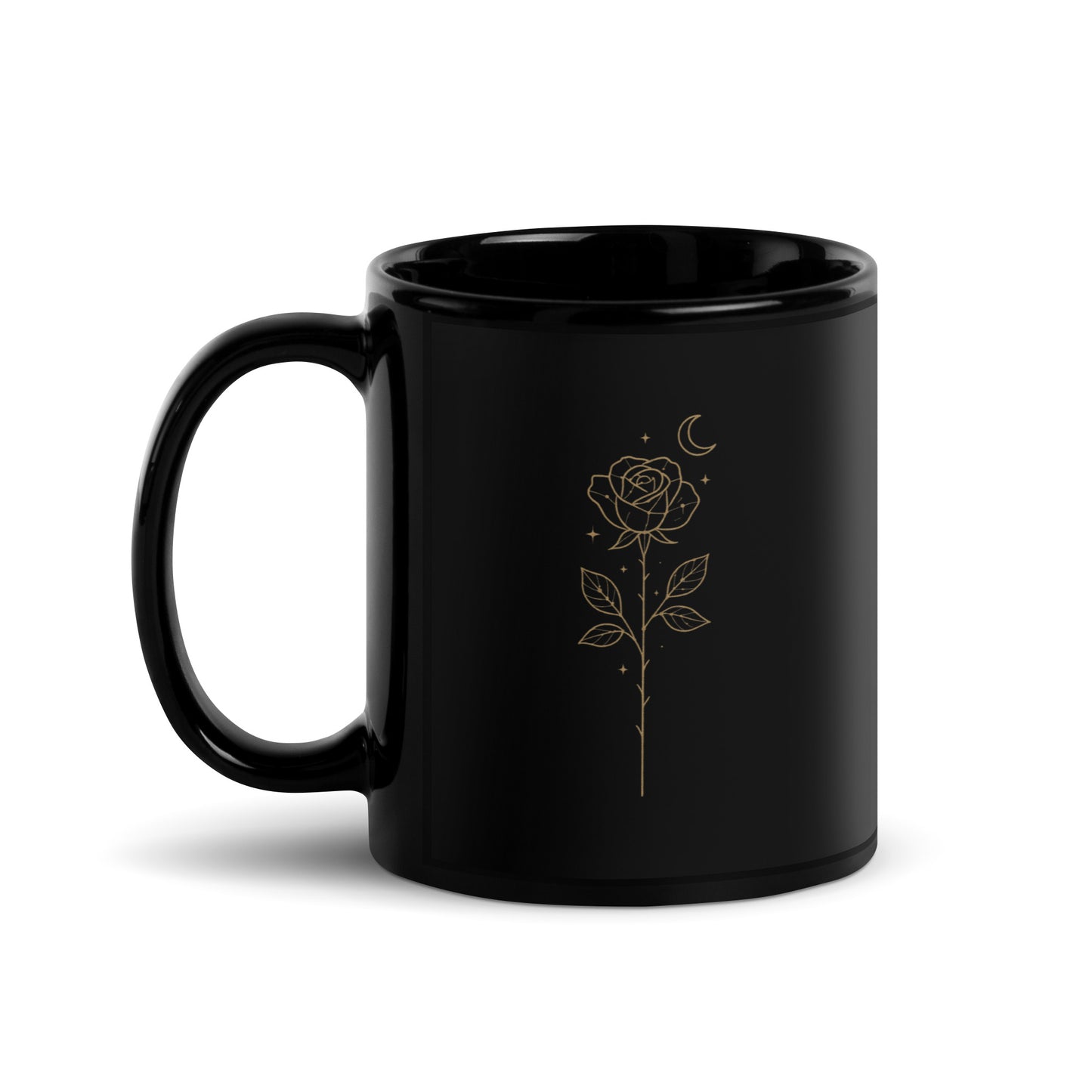 Black ceramic mug with a golden Starlit  Rose design printed three times around the surface. Left handle view of the 11 oz size.