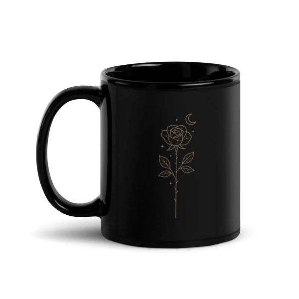Starlit Rose black ceramic mug with gold constellation rose artwork 