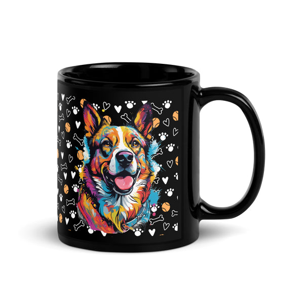 Black ceramic coffee mug featuring pop-art style Corgi and colorful dog-themed pattern. Available in 11 oz and 15 oz.

