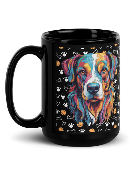 15 oz Black ceramic mug with colorful Bernese Mountain Dog art and playful icons. Perfect for dog moms, pet lovers, and coffee drinkers with style.