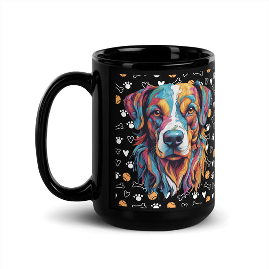 15 oz Black ceramic mug with colorful Bernese Mountain Dog art and playful icons. Perfect for dog moms, pet lovers, and coffee drinkers with style.