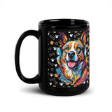 Black ceramic coffee mug featuring pop-art style Corgi and colorful dog-themed pattern. Available in 11 oz and 15 oz.

