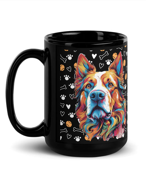Black ceramic coffee mug with bold pop-art dog portrait and playful paw, heart, and bone pattern. Available in 11 oz, 15 oz, and 20 oz.