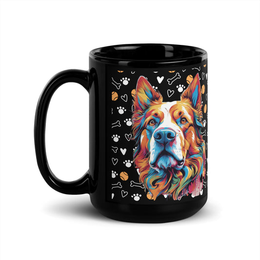 Black ceramic coffee mug with bold pop-art dog portrait and playful paw, heart, and bone pattern. Available in 11 oz, 15 oz, and 20 oz.