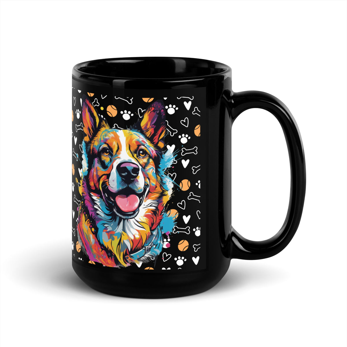 Black ceramic coffee mug featuring pop-art style Corgi and colorful dog-themed pattern. Available in 11 oz and 15 oz.


