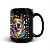 Black ceramic coffee mug featuring pop-art style Corgi and colorful dog-themed pattern. Available in 11 oz and 15 oz.

