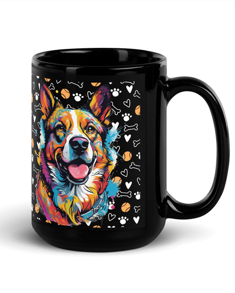 Black ceramic coffee mug featuring pop-art style Corgi and colorful dog-themed pattern. Available in 11 oz and 15 oz.

