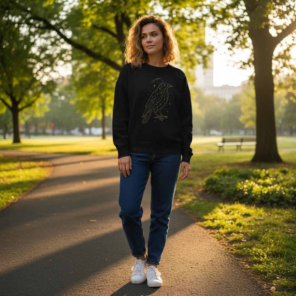 Model wearing the black Starlit Crow Sweatshirt in a city park