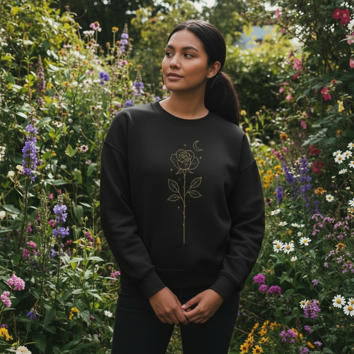 Model wearing black Starlit Rose Sweatshirt
